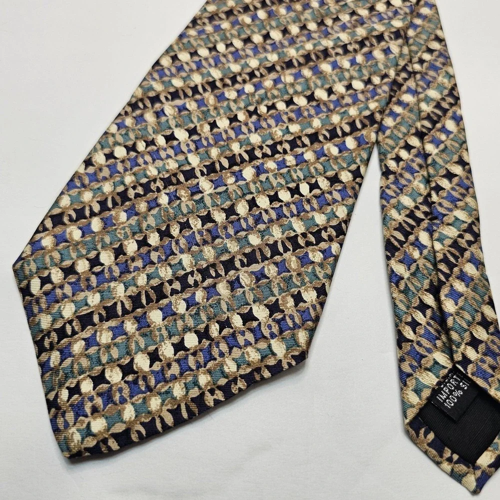 Geoffrey Beene Luxury Tie Gold Blue Green Geometric Woven 100% Silk Necktie‎ USA